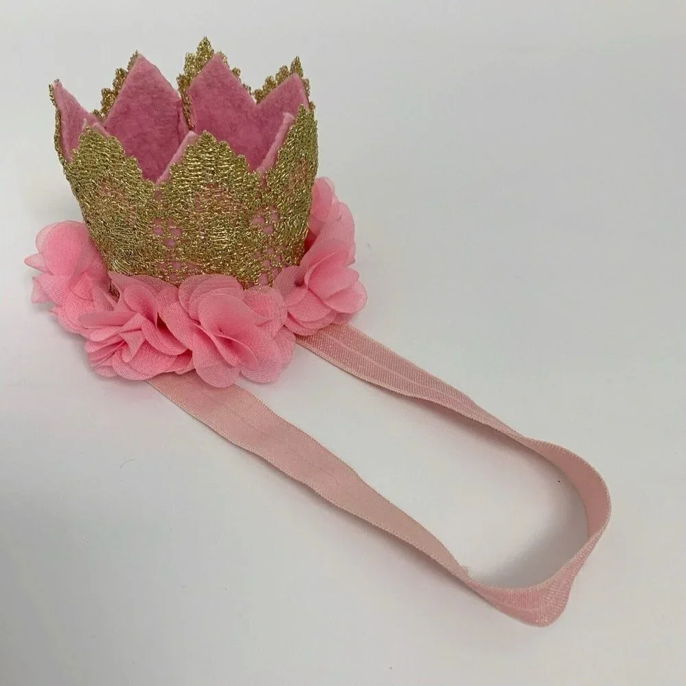 Baby First Birthday Hat Crown Gold Pink Roses w Elastic Small Photo Shoot Party